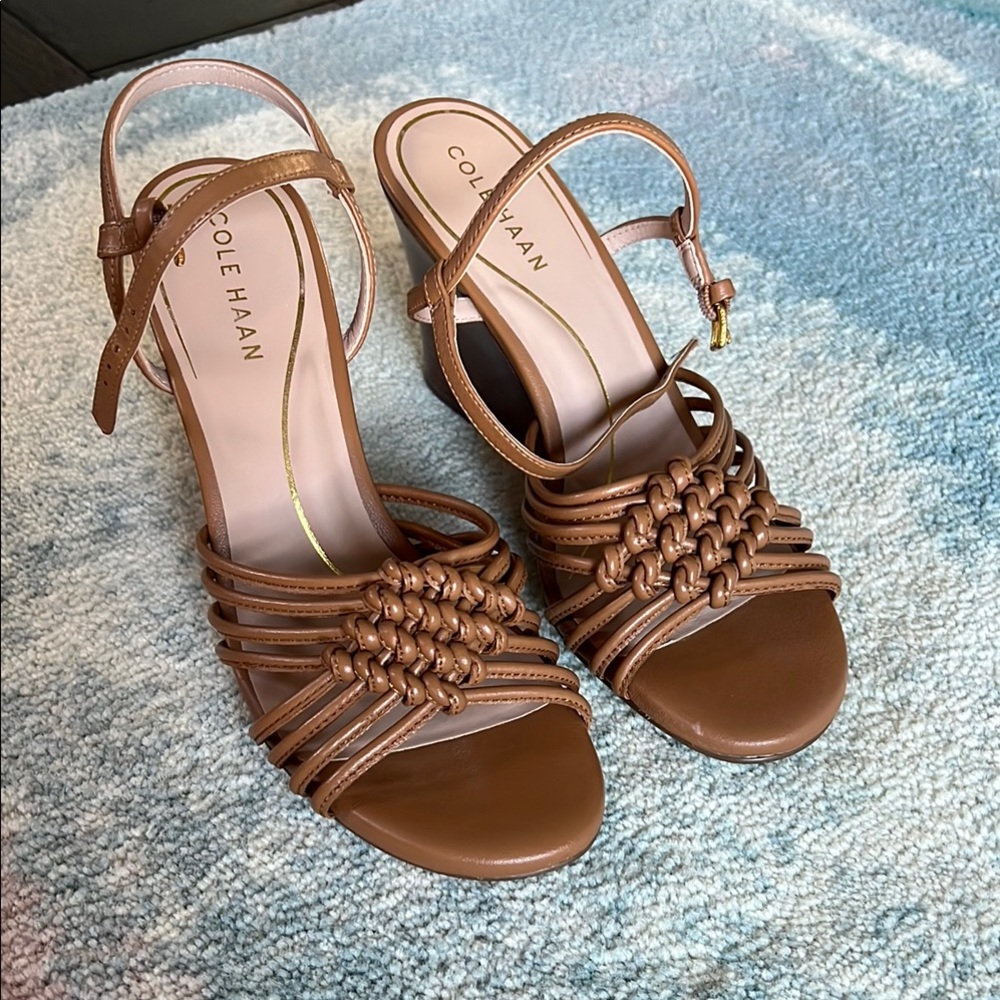 Cole Haan Tan Woven Leather Sandals with Slingback